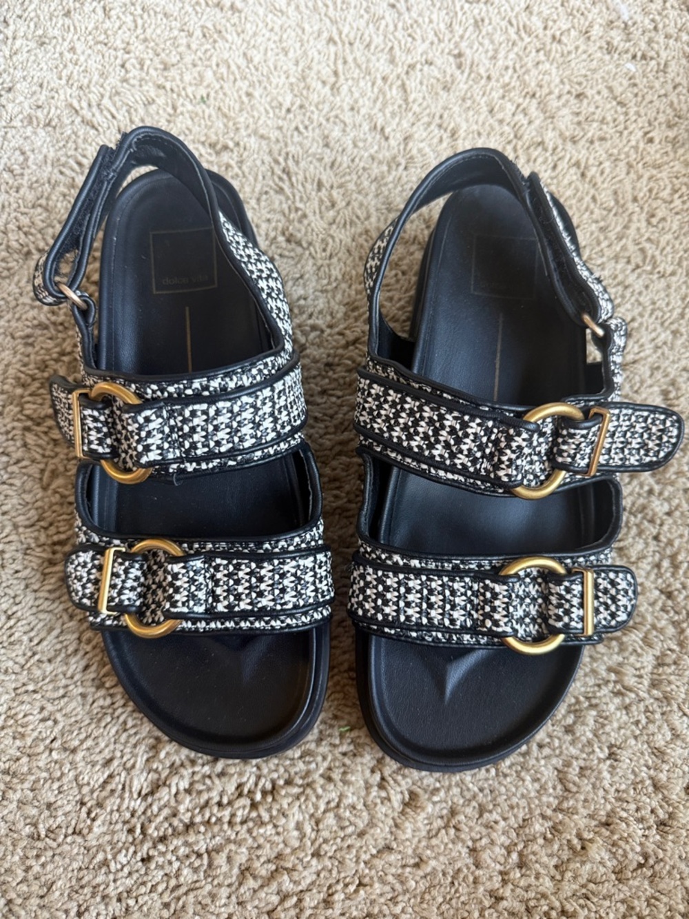 Dolce Vita Black and White Tweed Double-Strap Slide Sandals with Gold Buckles